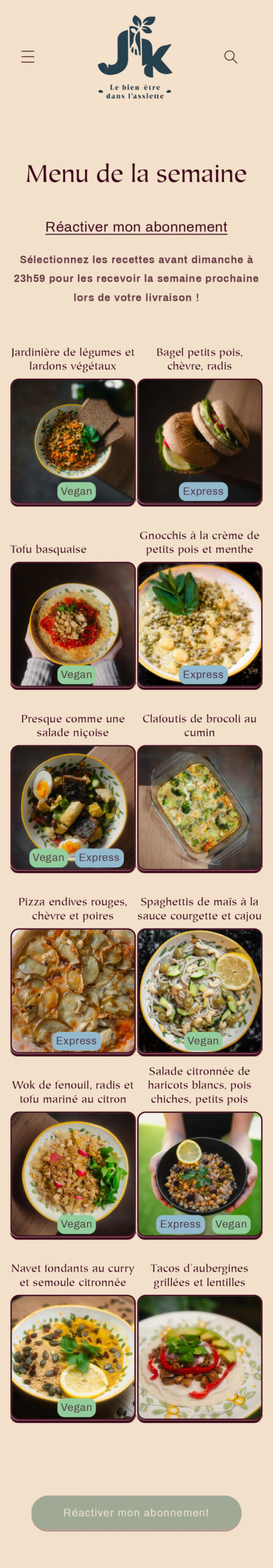Capture d'écran de la page "menu de la semaine" du site JIK, site e-commerce présentant les plats ainsi qu'un abonnement