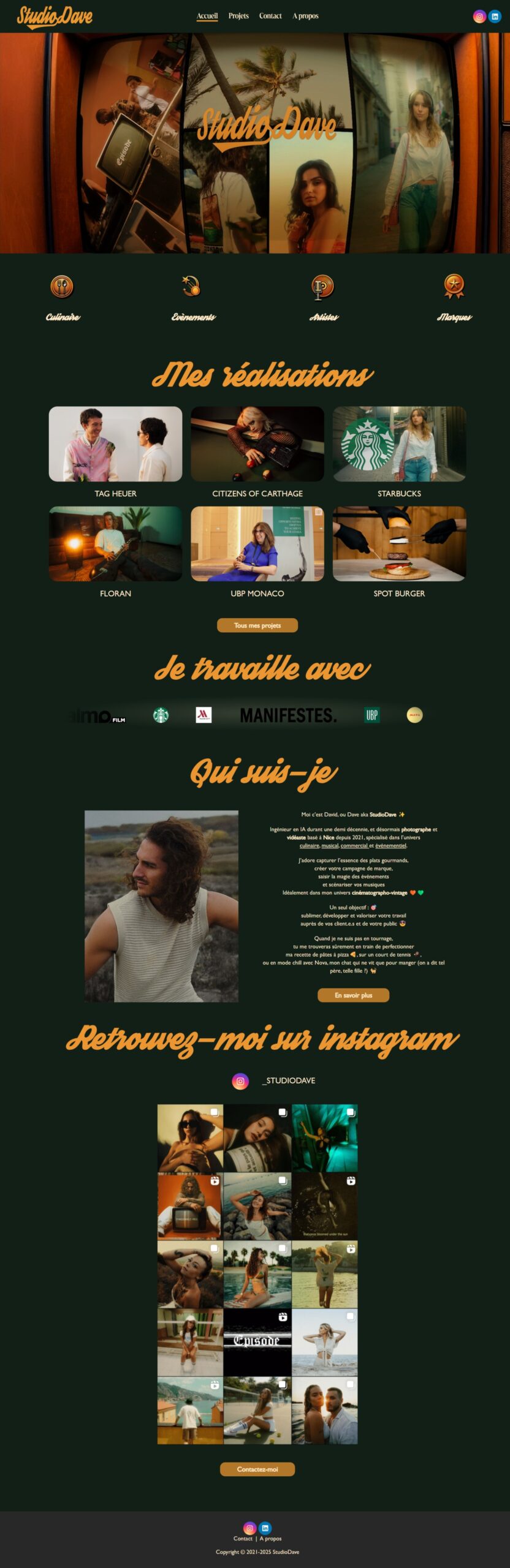 Capture d'écran de la page d'accueil du site studiodave.fr, site vitrine pour un portfolio incluant photos et vidéos