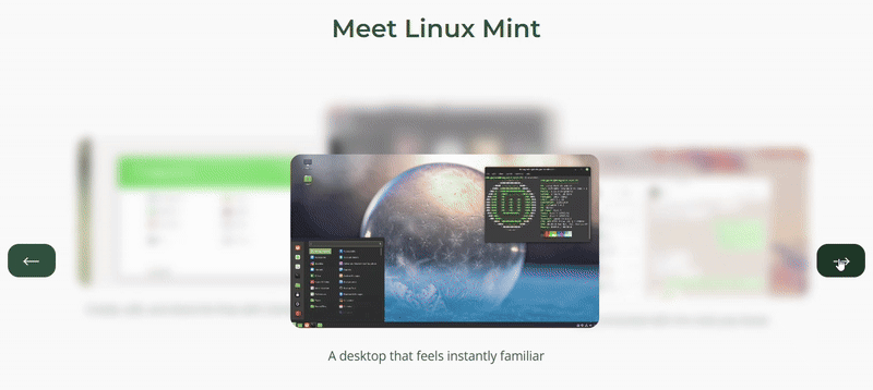 Animation montrant un caroussel moderne et transparent illustrant Linux Mint