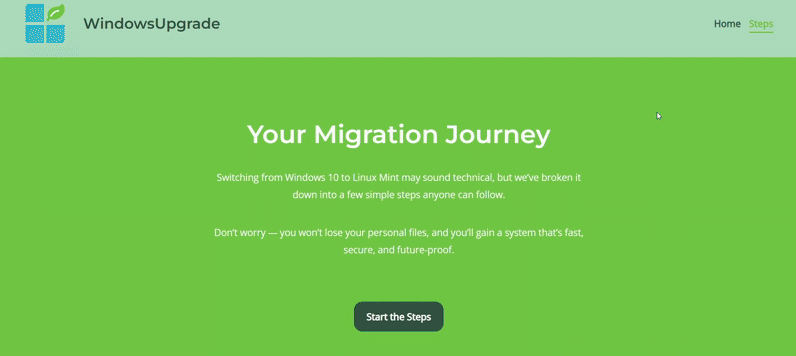 Animation montrant le scroll snap sur la page des étapes à suivre dans WindowsUpgrade