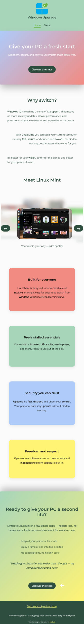 Capture d’écran du site windowsupgra.de montrant l’interface et les étapes de migration vers Linux Mint